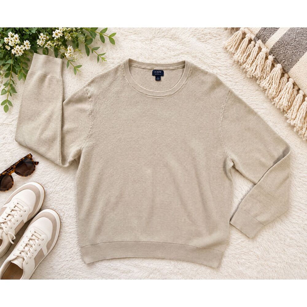 J.Crew Men's L 100% Cotton Textured Crewneck Sweater Oatmeal